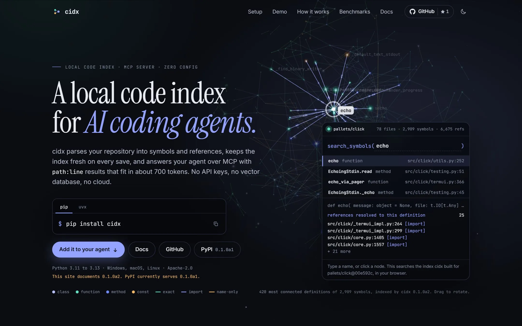The cidx website: a local code index for AI coding agents