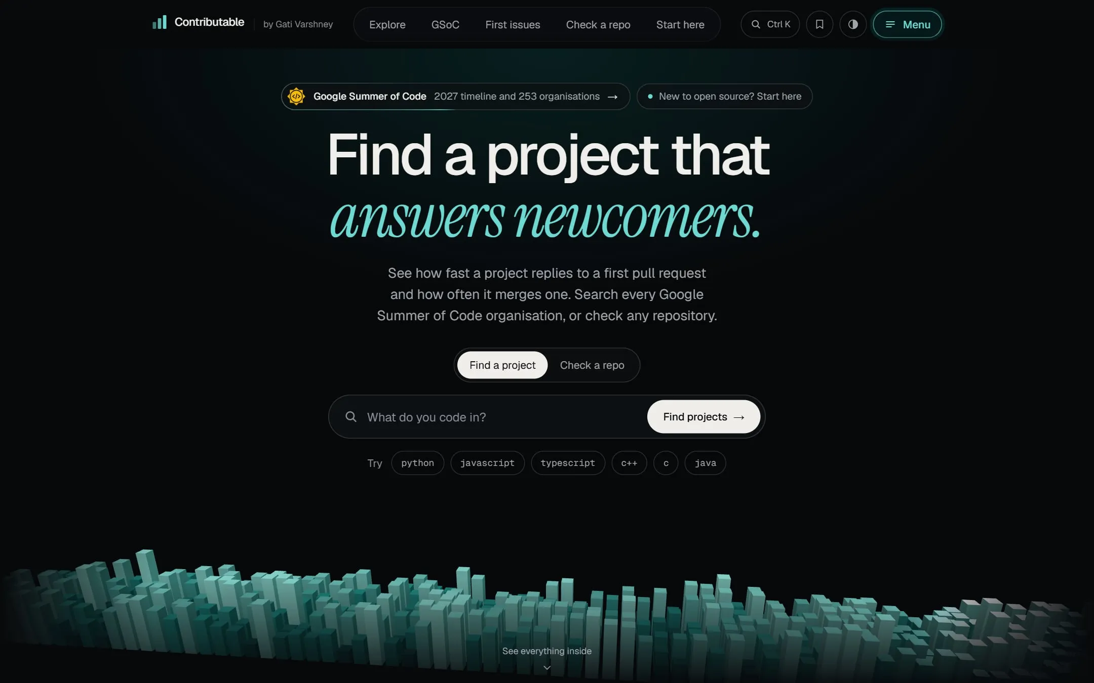 Contributable home page: Know a repository before your first pull request, with a field for a GitHub repository and a 3D skyline of commit activity