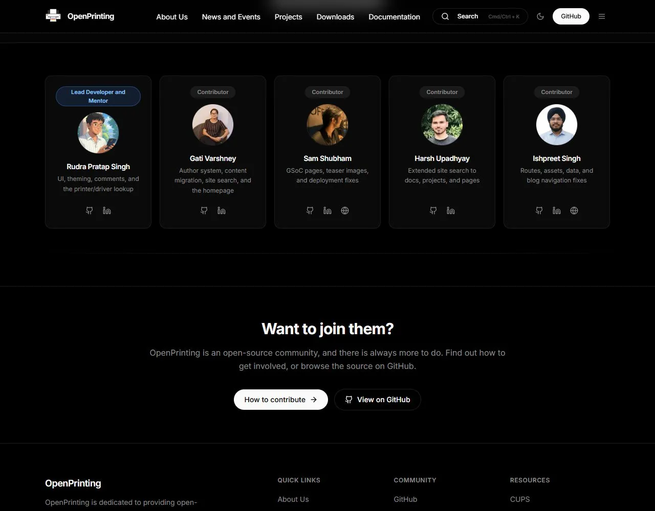The OpenPrinting Hall of Fame page, with the entry for Gati Varshney