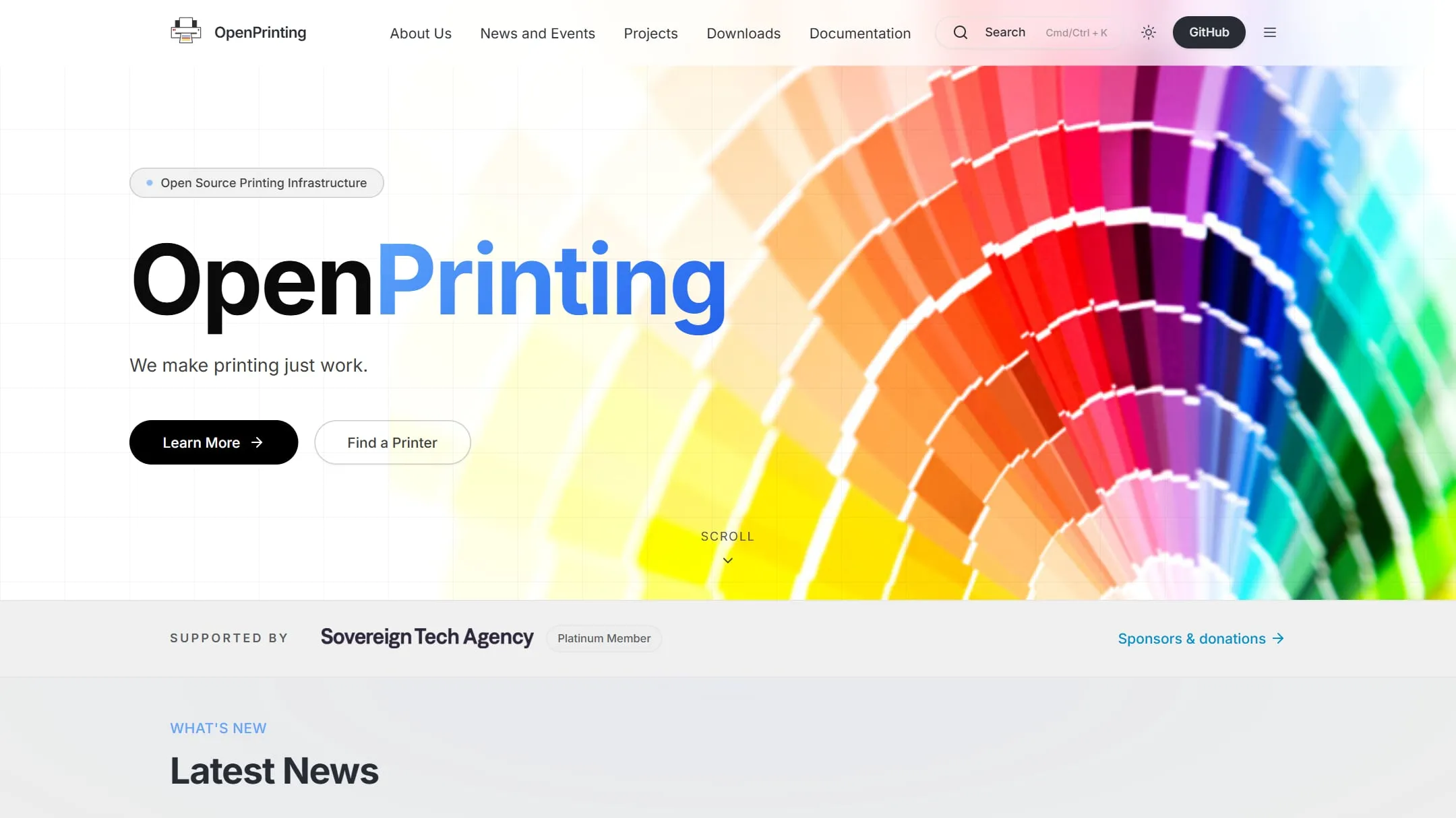 The OpenPrinting homepage in its light theme: the OpenPrinting wordmark over a colour-swatch fan, with Learn More and Find a Printer buttons and the Latest News section below
