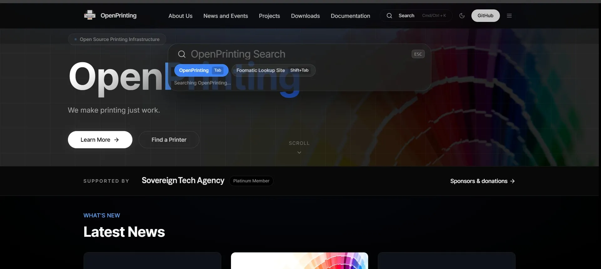 OpenPrinting search overlay open over the homepage, with OpenPrinting and Foomatic Lookup Site scopes and a Cmd/Ctrl+K shortcut