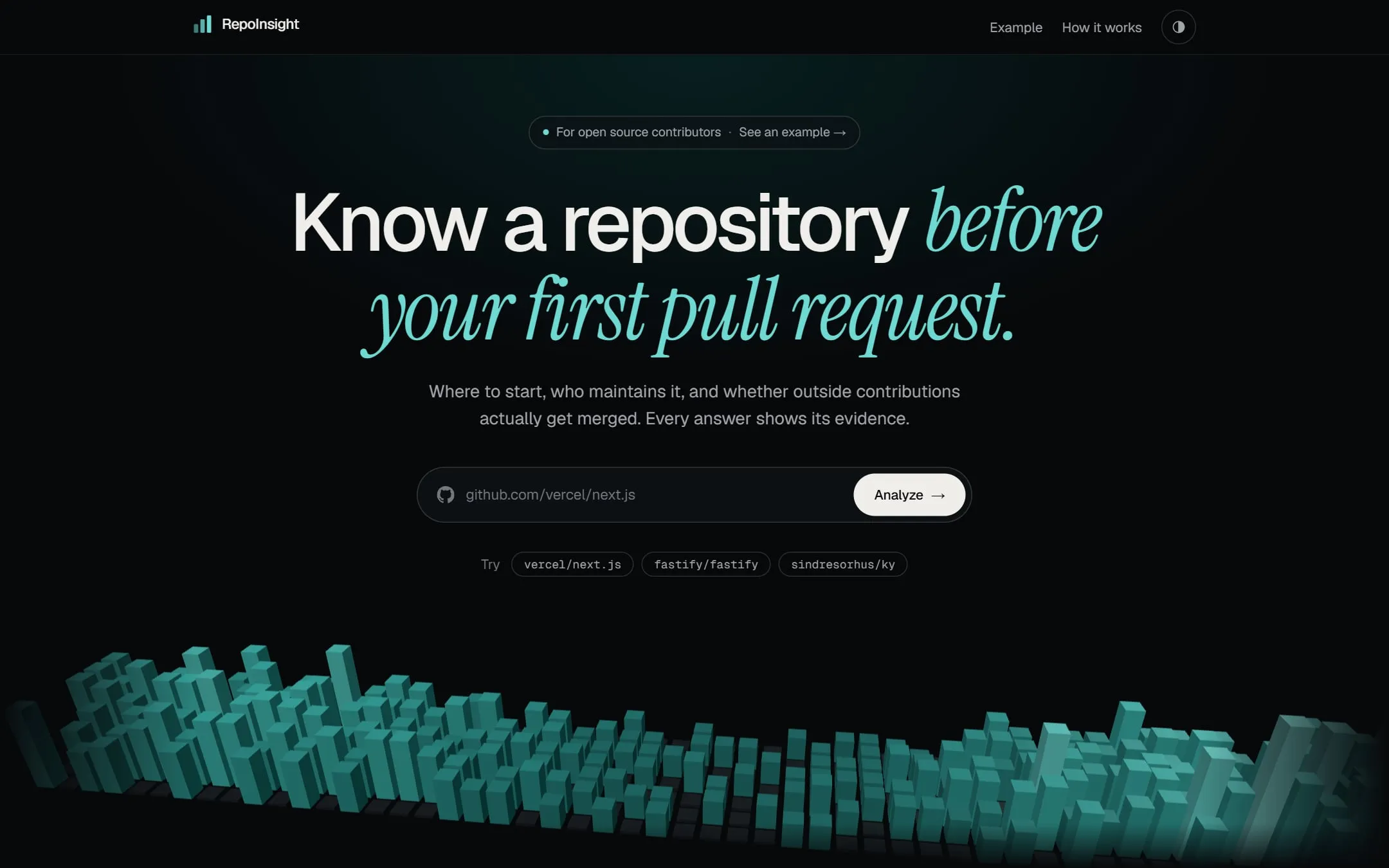 RepoInsight home page: Know a repository before your first pull request, with a field for a GitHub repository and a 3D skyline of commit activity