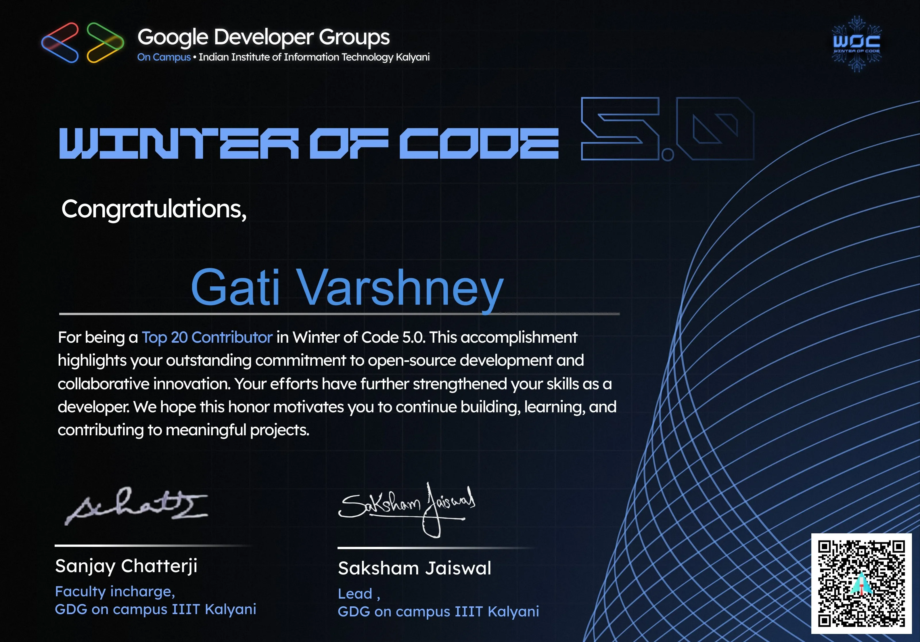 Winter of Code 5.0 certificate: Gati Varshney, Top 20 Contributor, Google Developer Groups on Campus IIIT Kalyani
